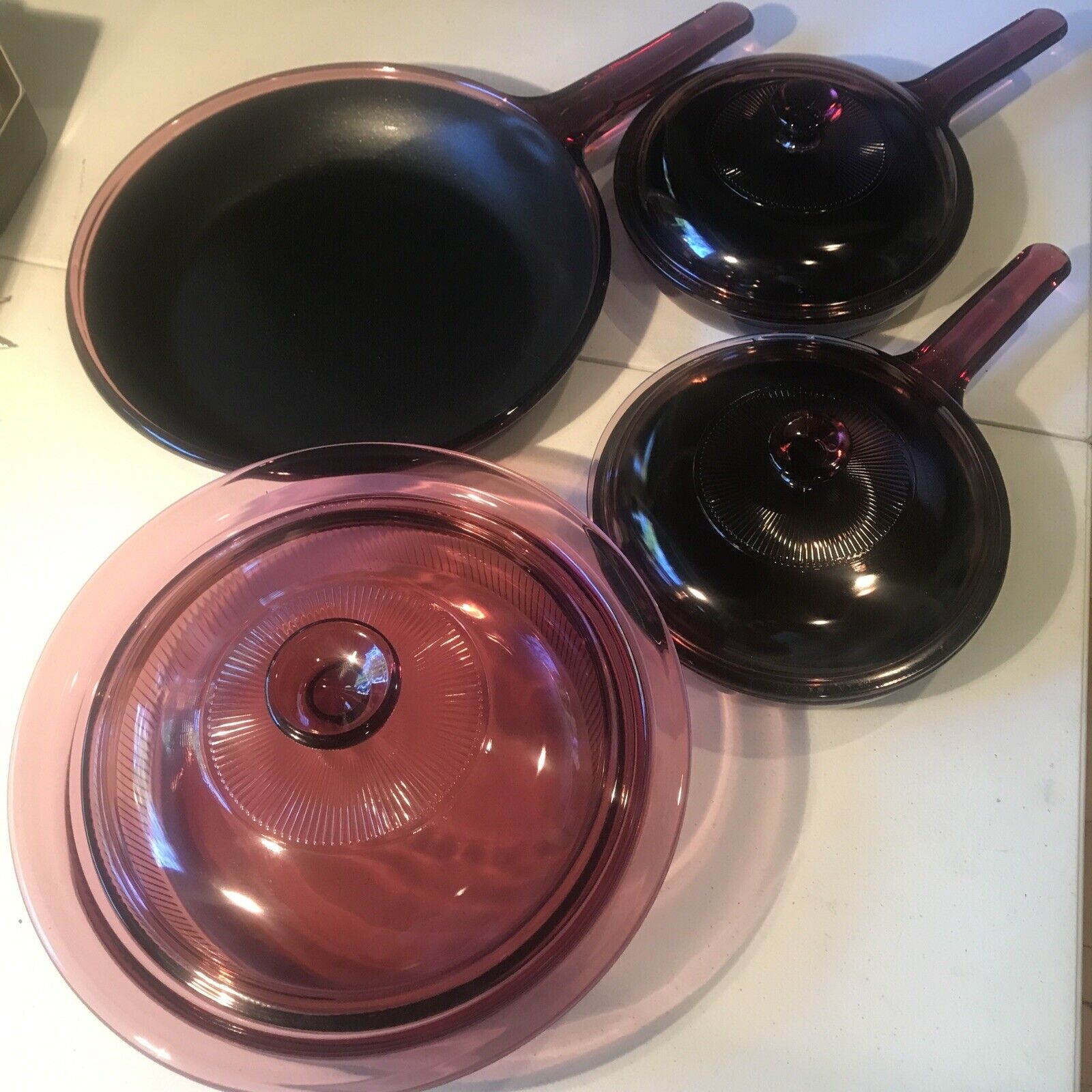 Vision Ware by CORNING Cranberry Glass Cookware Teflon Non-Stick (7) Piece Set