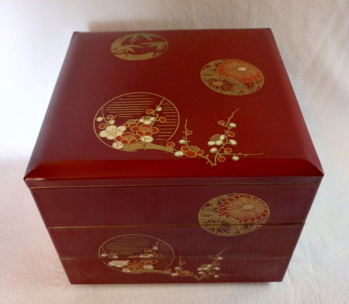 Japanese Red Lacquer Gold Accent 3 Tier Stacking Bento Lunch Trinket Box Vintage