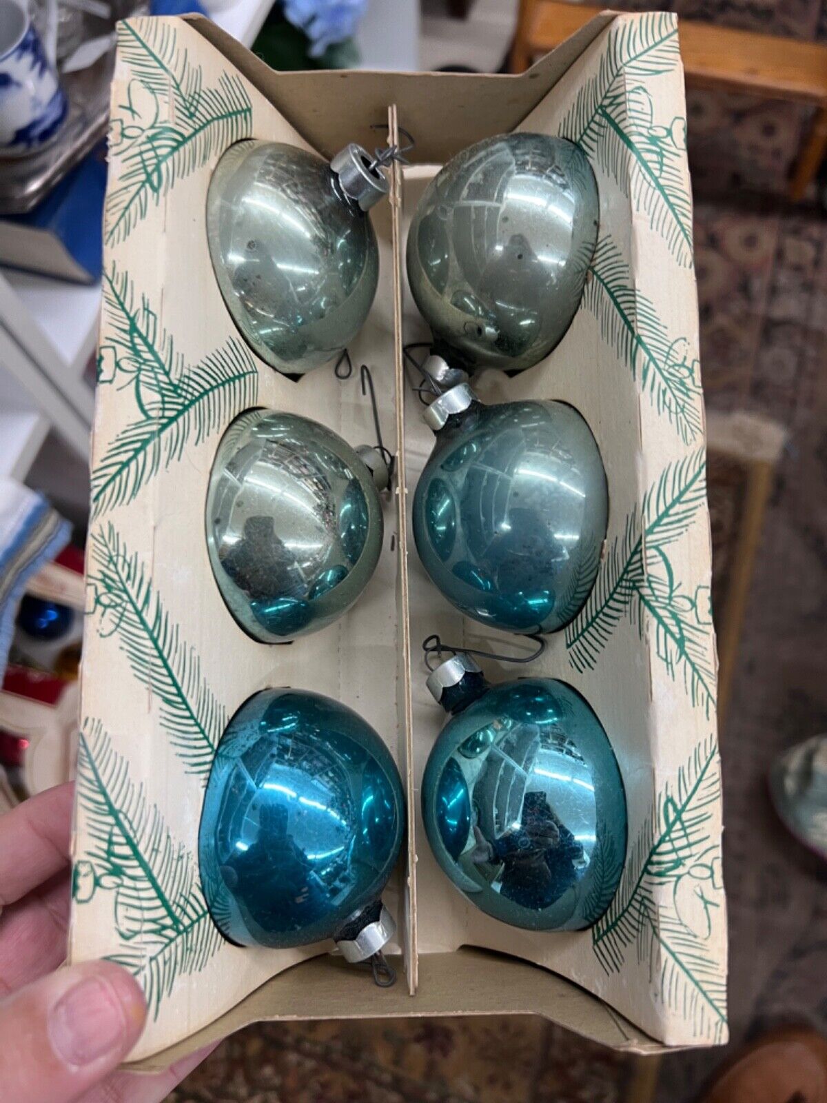 Vintage Christmas Coby blue ornaments, set of 6 in original packaging