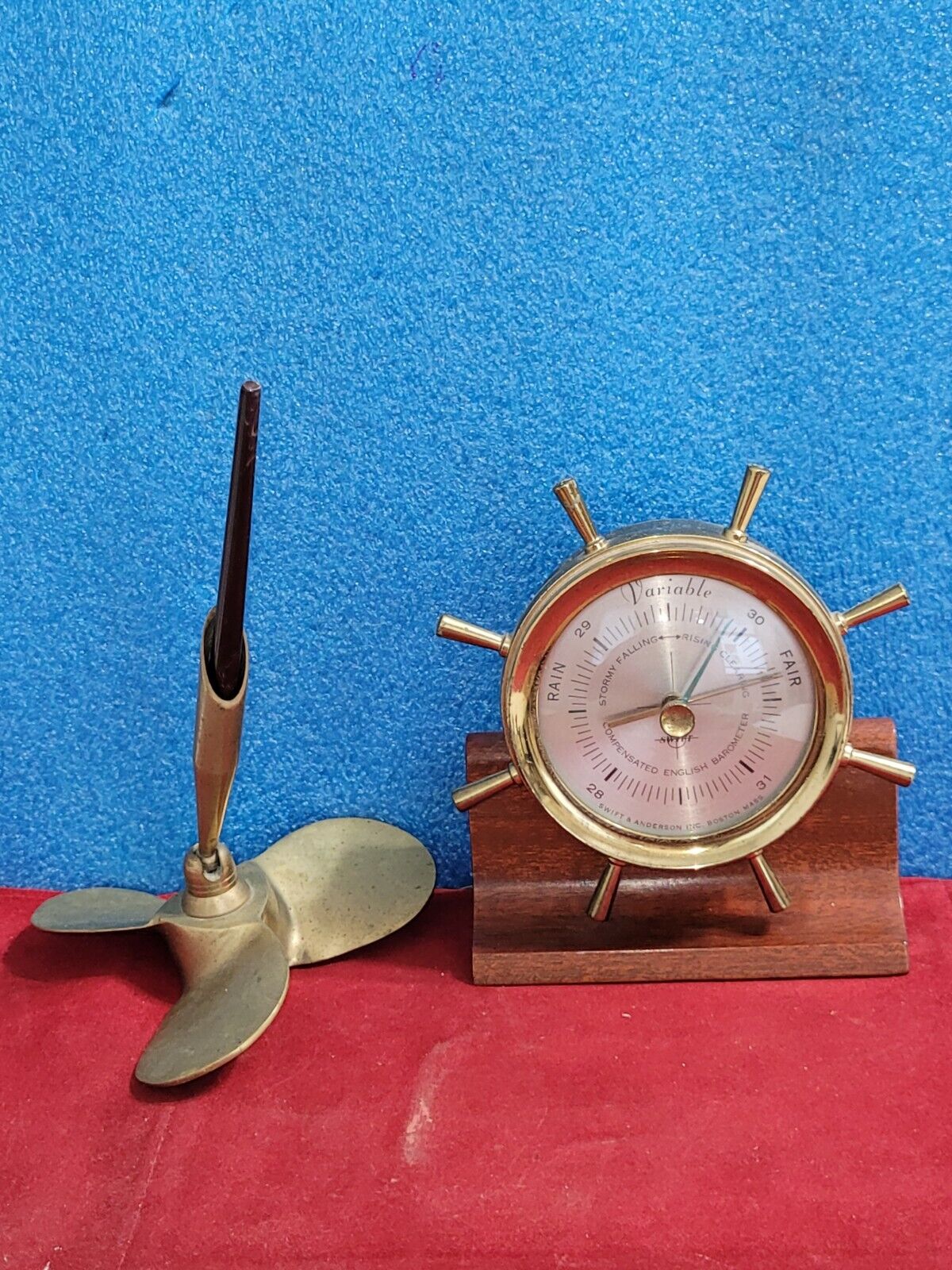 Vtg Swift & Anderson Barometer Brass Ship's Wheel And Pen Holder Propeller.OBO 