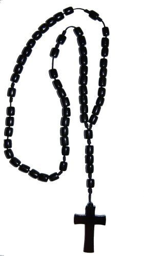 Men's Solid Black Wood Bead Rosary Cross Catholic Crucifix Necklace, Large