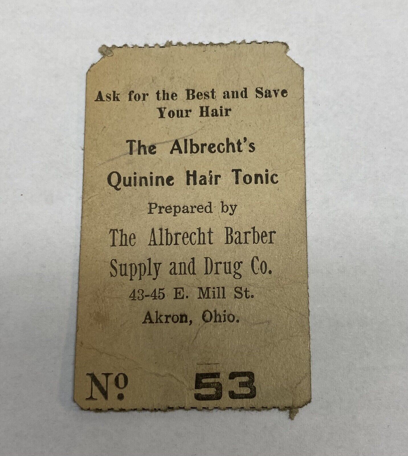Vintage Antique Numbered Paper Ticket Advertising Quinine Hair Tonic Akron Ohio