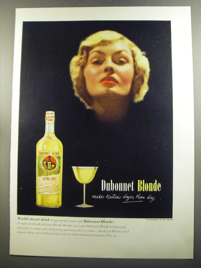 1952 Dubonnet Blonde Ad - Dubonnet Blonde makes martini\'s dryer than dry