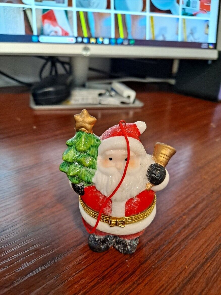 Santa Claus Christmas Ornament Hinged Gift Trinket Box Porcelain