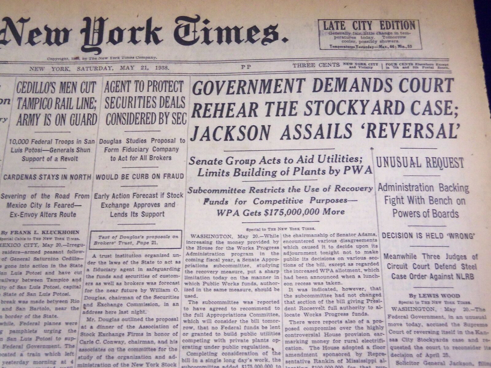 1938 MAY 21 NEW YORK TIMES - GOVERNMENT DEMANDS COURT REHEAR STOCKYARD - NT 686