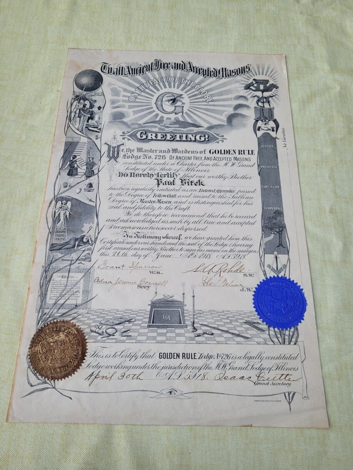 Ancient Free And Accepted Masons Signed Document Certification