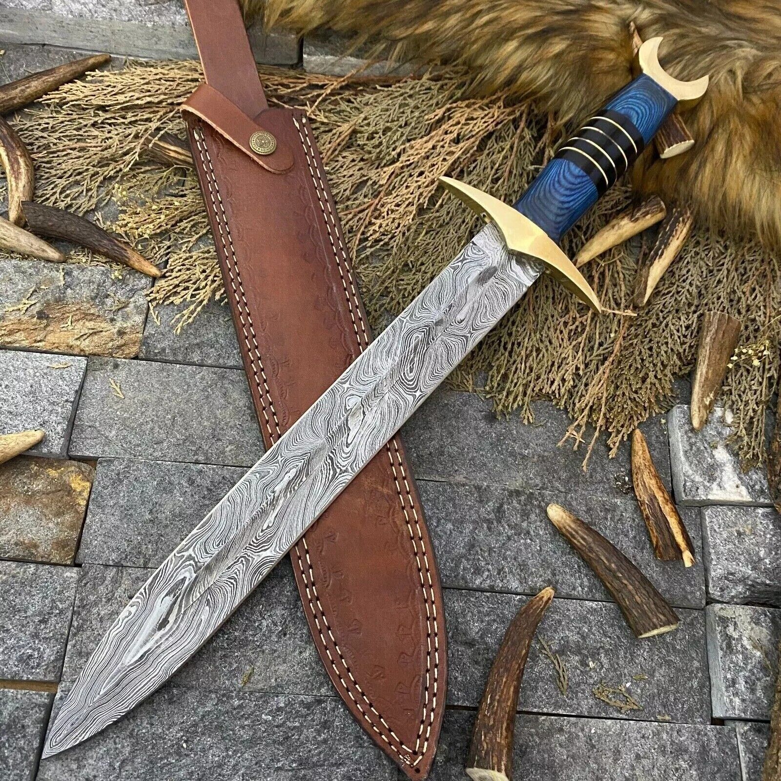 SHARD Custom Hand-Forged Damascus Hunting Bowie Dagger Blade Knife + Sheath