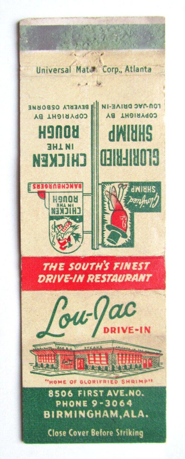 Lou-Jac Drive-In - Birmingham, Alabama Restaurant 20 Strike Matchbook Cover AL