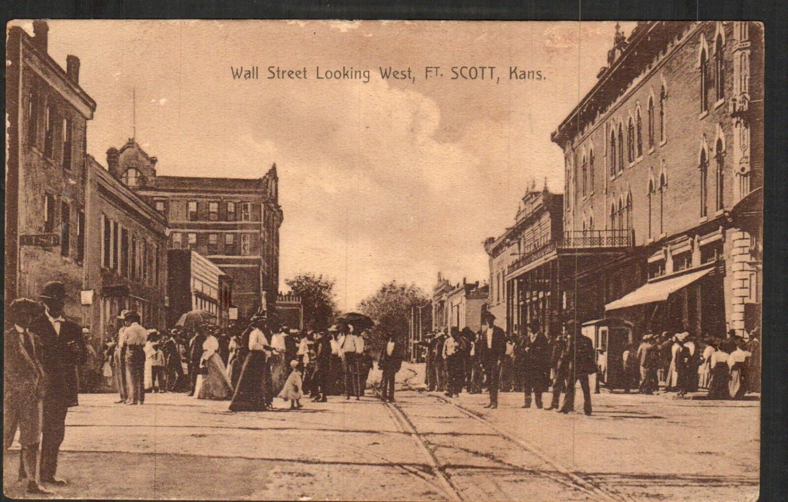 Postcard RPPC Real Photo Wall Street Looking West Ft Scott KS 1909 Flag cancel