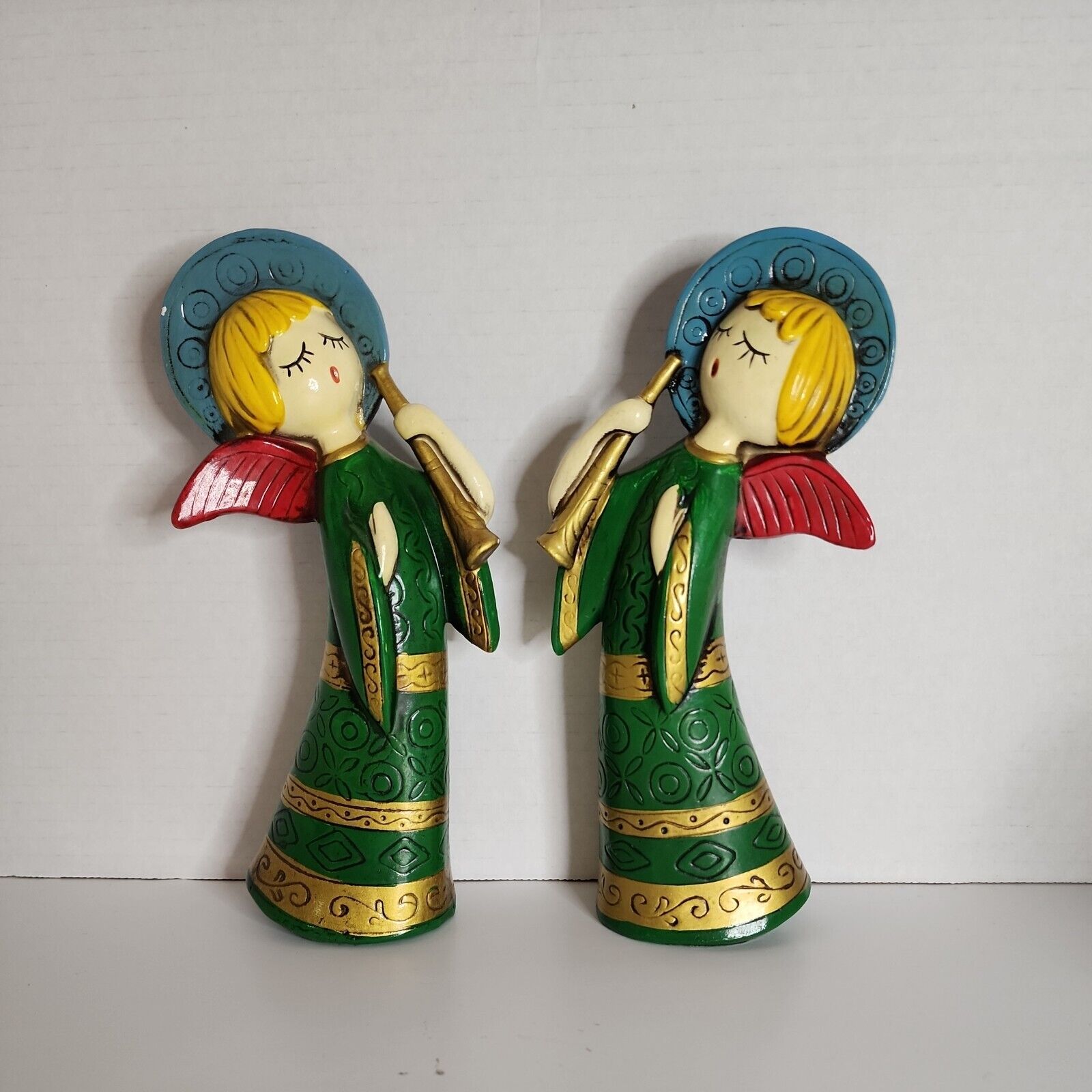 Vtg MCM Pair of Angels With Horn Green & Gold 8 1/2 Inches Japan Stand Or Hang