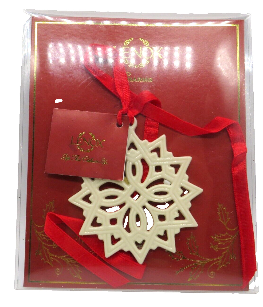 Lenox Snowflake Ornament Star Gift Charm Christmas Tree Red Satin Ribbon