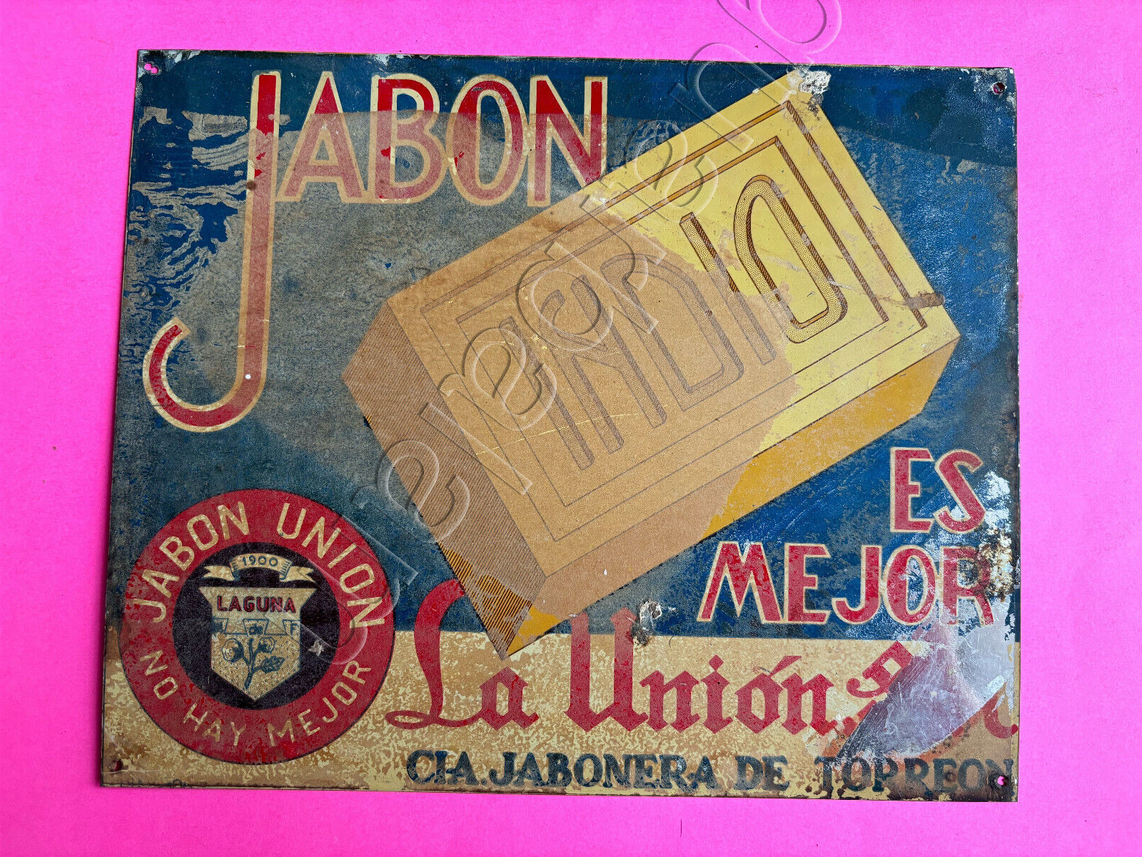 Mexican Mexico Vintage Soap Factory Tin Sign JABON LA UNION SA Torreon 1950s
