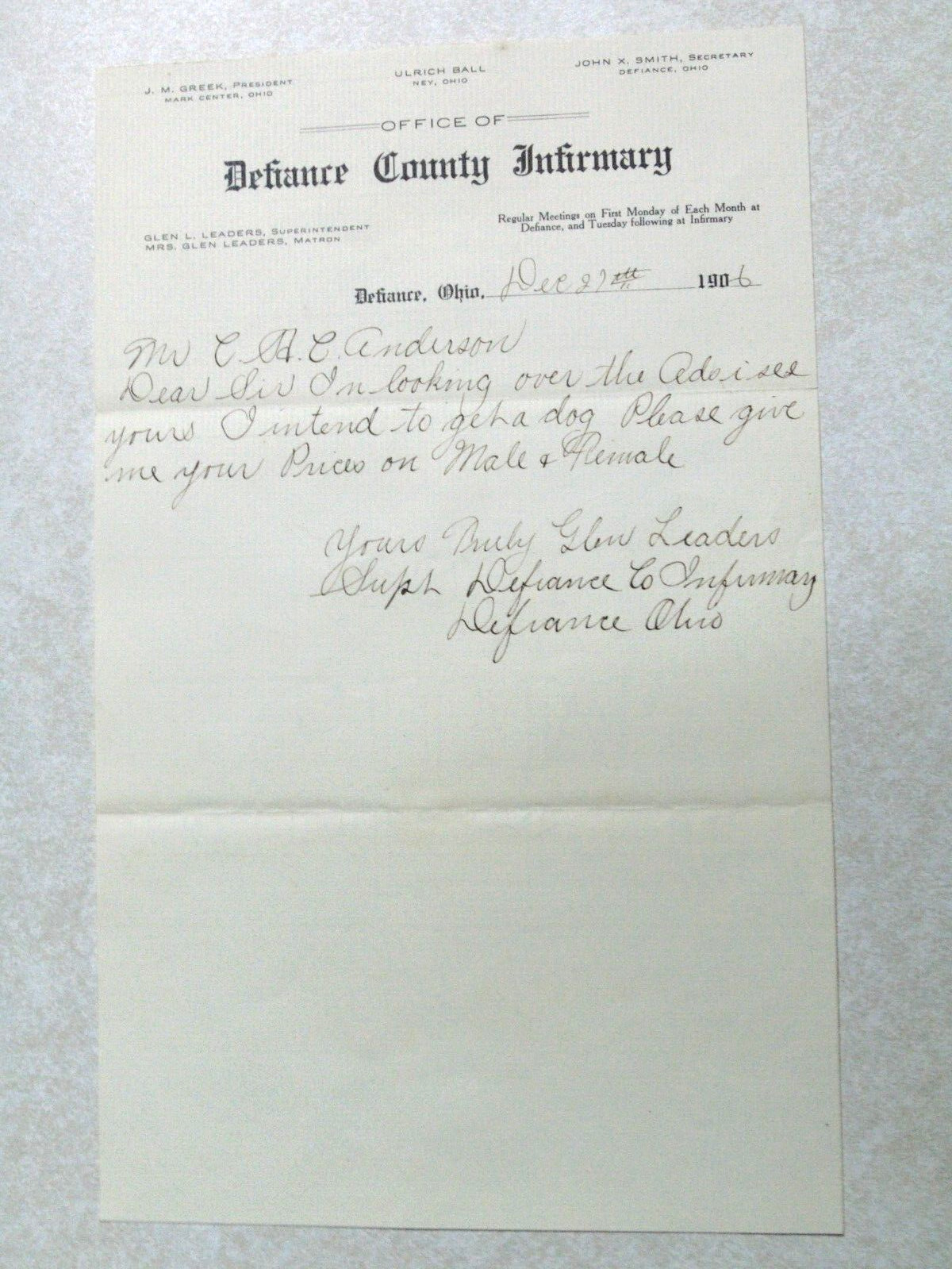 Defiance County Infirmary OH Ohio 1906 Vintage Letterhead SBF76