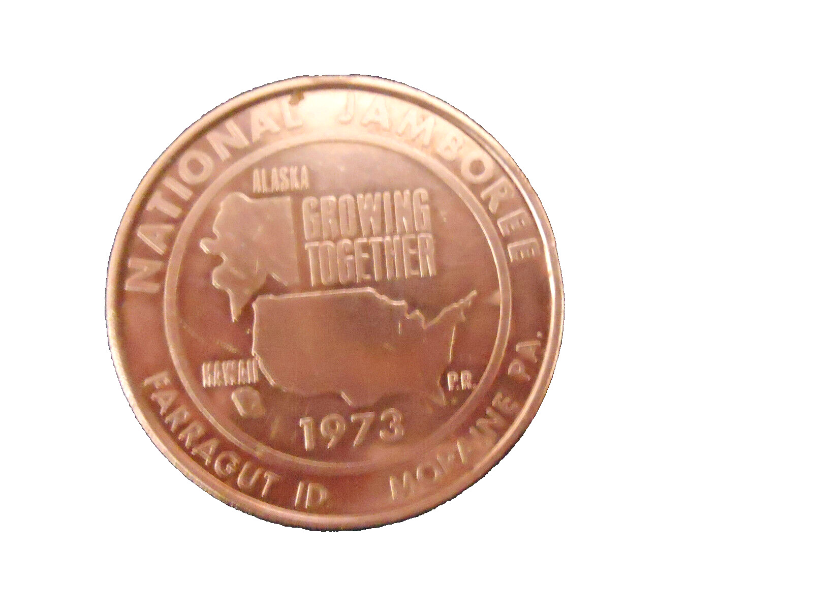 BOY SCOUTS - 1973 NATIONAL JAMBOREE- GROWING TOGETHER  TOKEN IN AIR TIGHT HOLDER