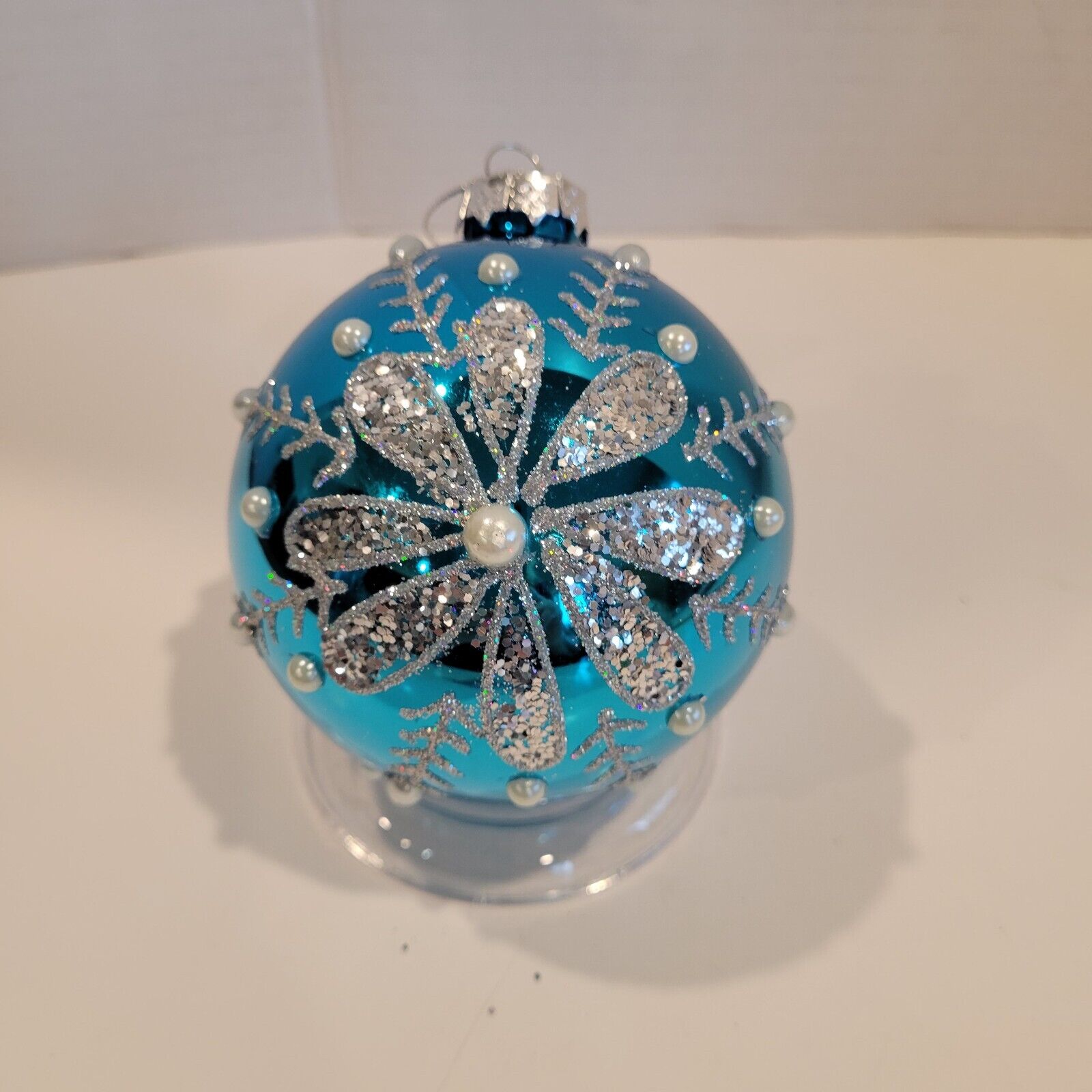 Handmade Christmas Ornament Large Blue Glitter & Faux Pearls Round & Teardrop
