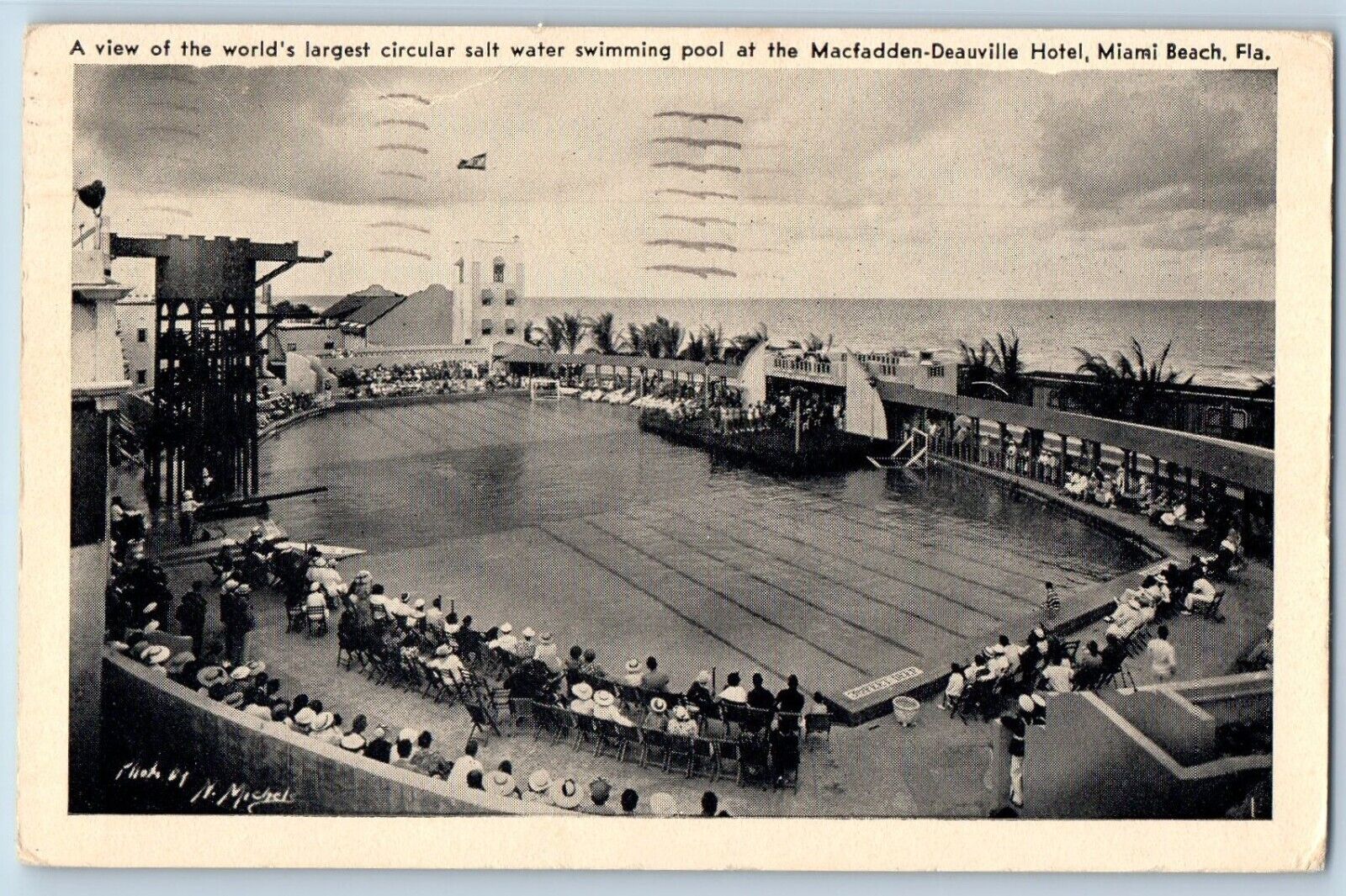 Miami Florida FL Postcard Circular Salt Water Swimming Pool Hotel Exterior c1940