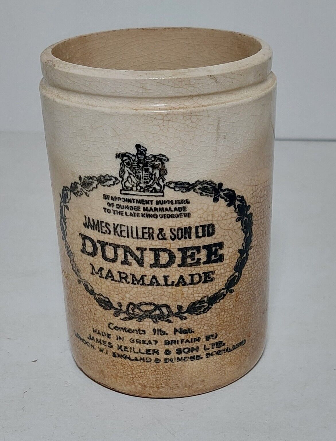Vintage James Keiller & Sons Dundee Marmalade Crock England 1lb King George