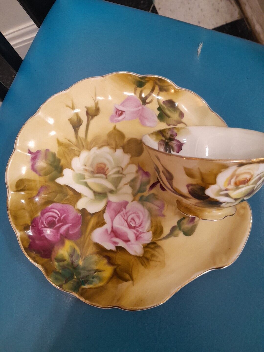 Beautiful Victorian Lefton China Snack Plate With Tea Cup Hand Painted Vintage