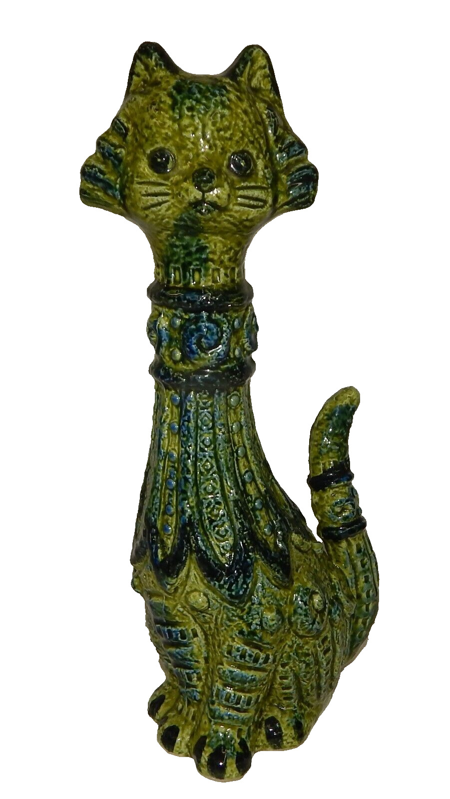 Vintage Mid Century Tall Green Cat Majolica Style Statue