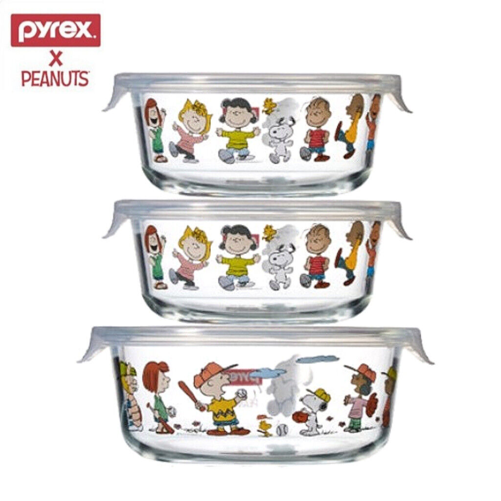 Pyrex Peanuts Snoopy Glass Storage Heat Resistant Containers Round 3pcs set