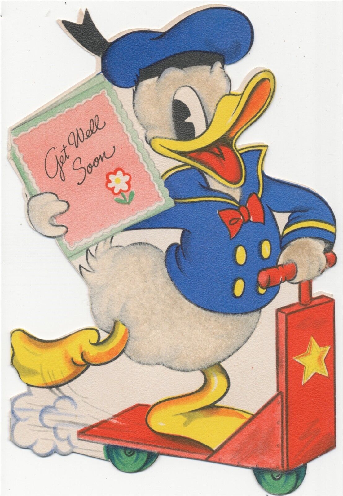 Donald Duck On A Scooter Walt Disney c1943 Flocked Hallmark Get Well Card, Used