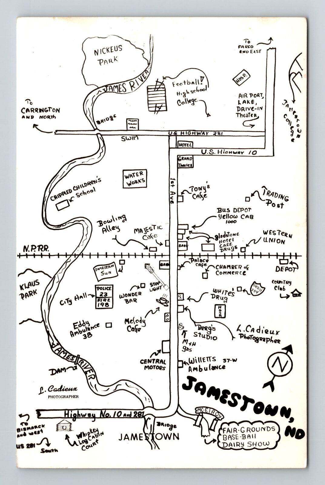 Jamestown ND-North Dakota, Town Map with Points of Interest, Vintage Postcard