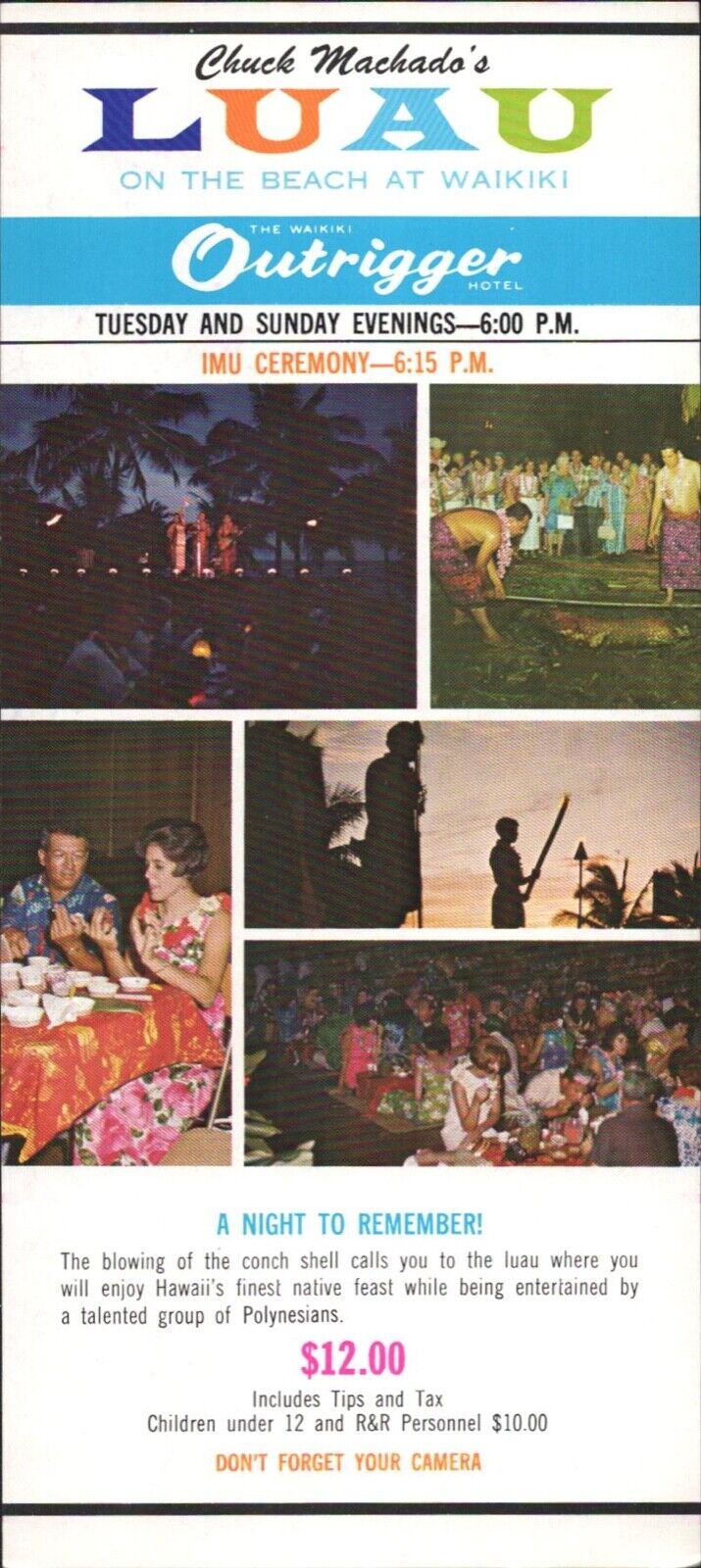 1969 THE WAIKIKI OUTRIGGER HOTEL vintage tourism brochure HAWAIIAN LUAU Machado