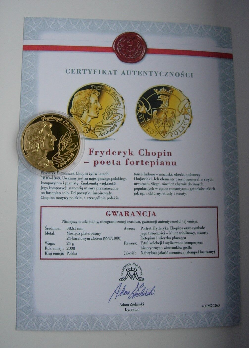 POLISH COMPOSER FREDERIC CHOPIN PIANIST MUSIC MEDAL + certificate LARGE