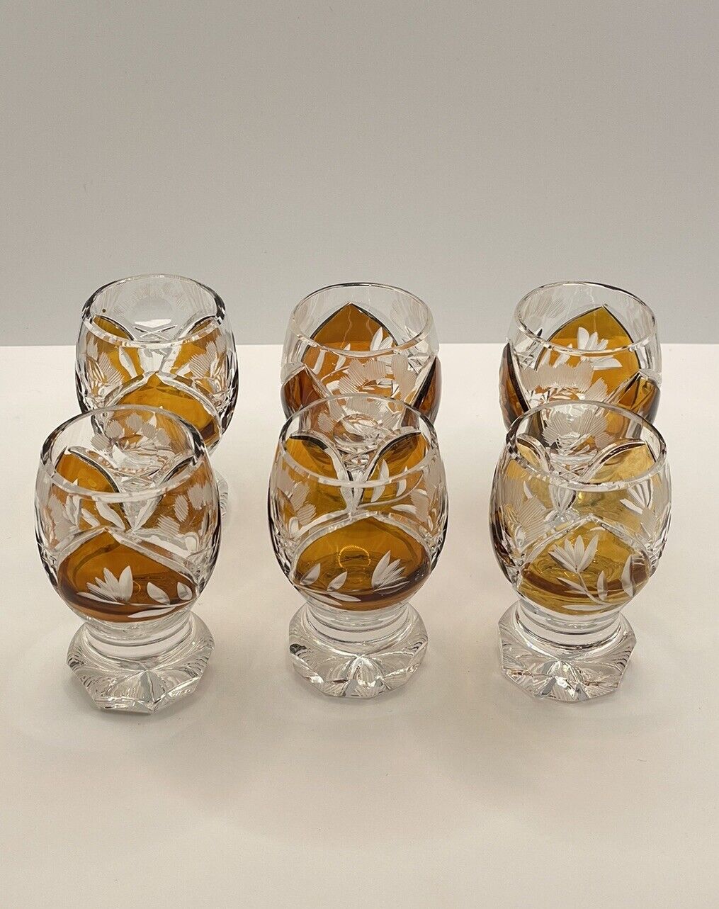 Set Of 6 Vintage Bohemian Cut Crystal Shot Glasses Julia Poland Orange Floral
