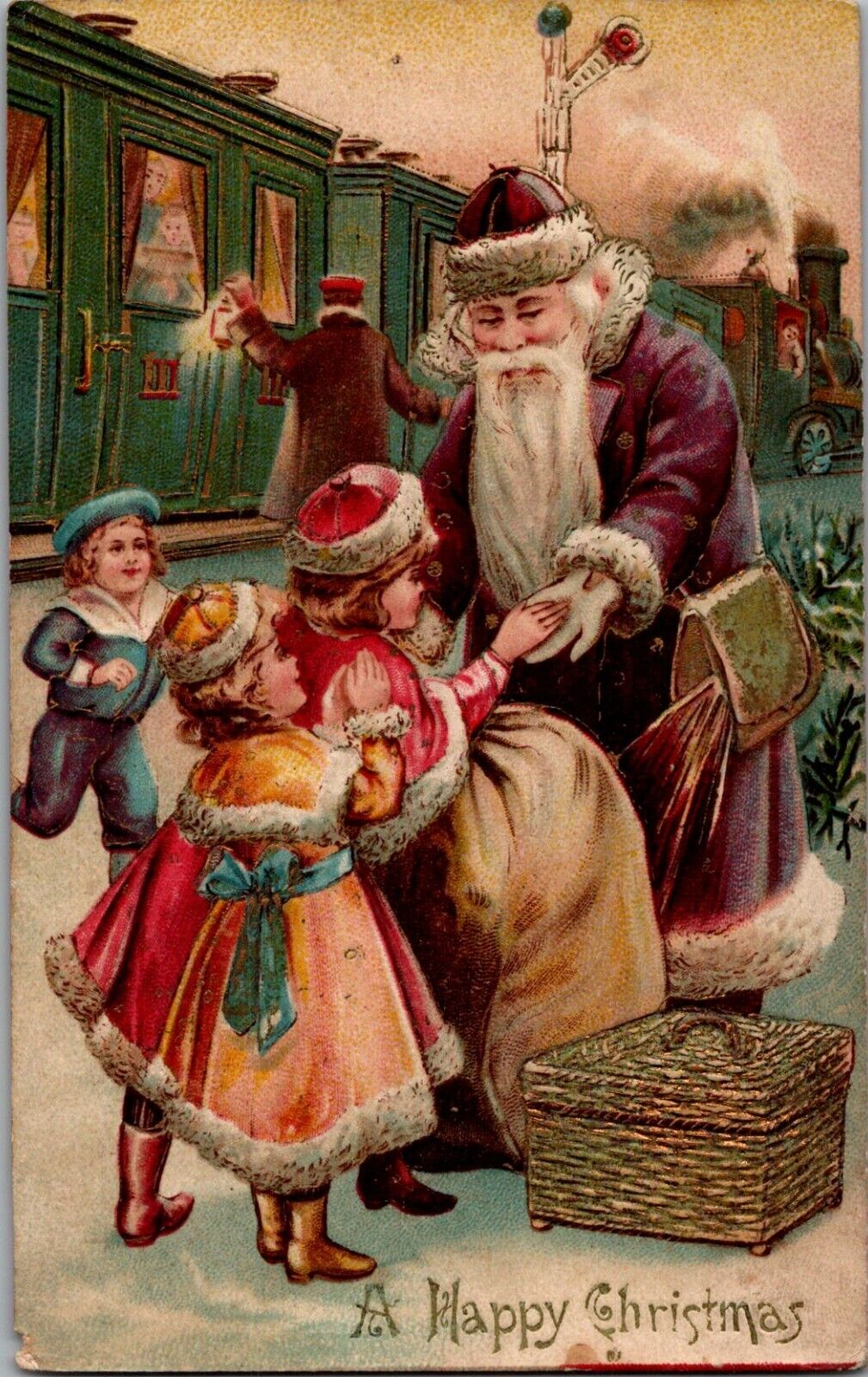 Tuck Christmas Postcard PRUSSIA Purple Coat Santa Old World St Nick TRAIN