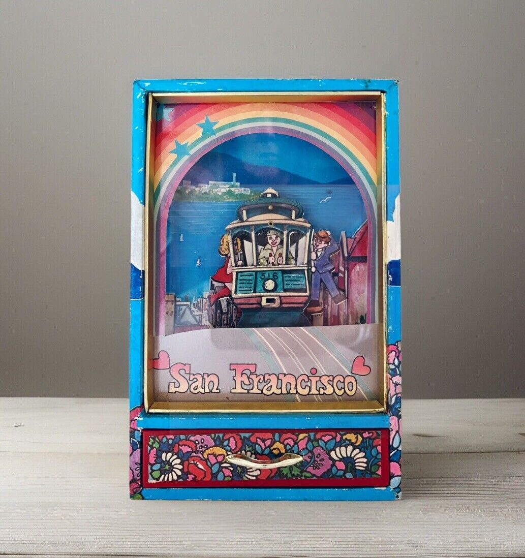 RARE Vintage SAN FRANCISCO Motion Trolley Music Box w/Drawer Rainbow Collectible