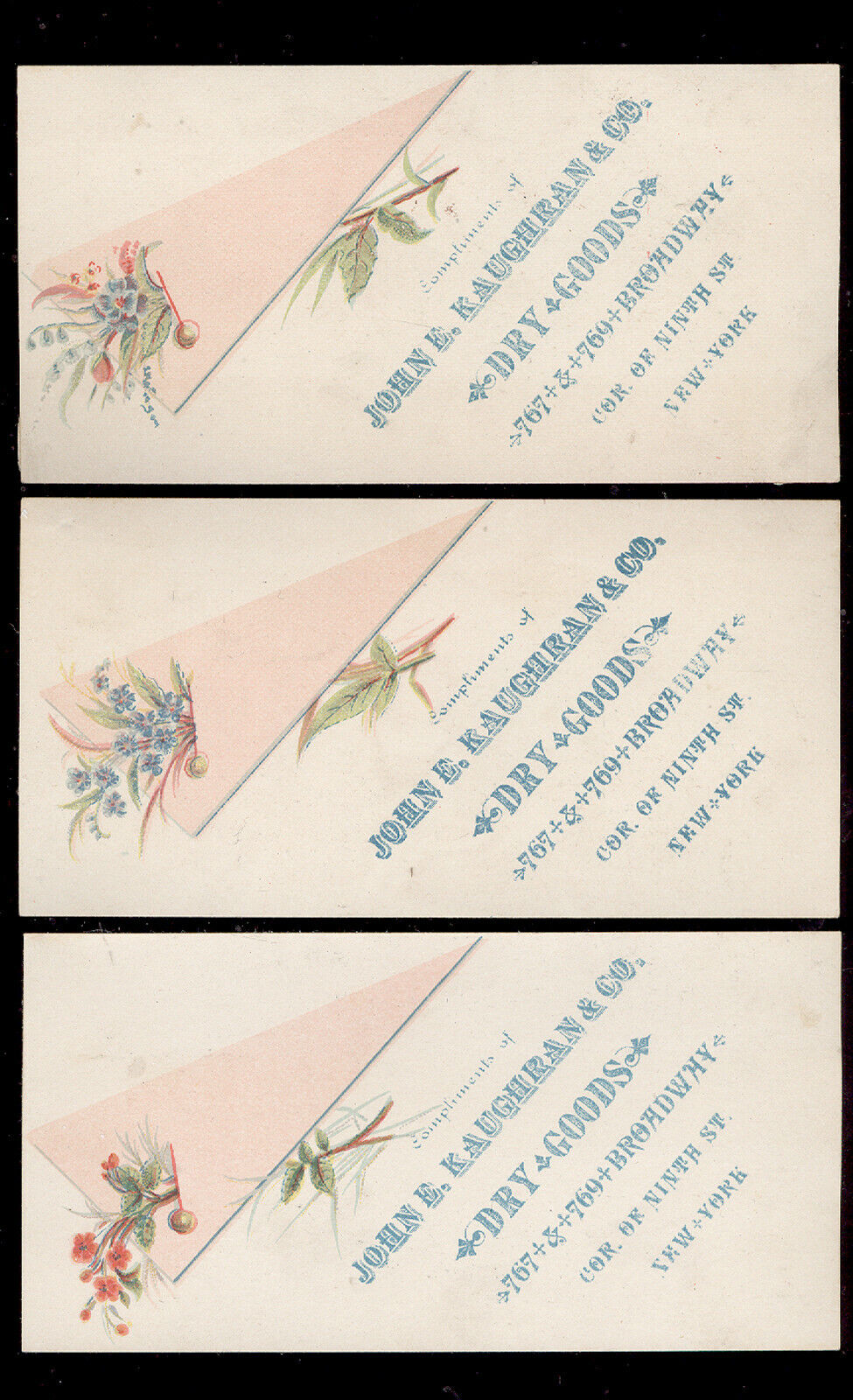 NYC 3 TRADE CARDS,J E KAUGHRAN & CO DRY GOODS, 767~769 BROADWAY cor 9th St  A888