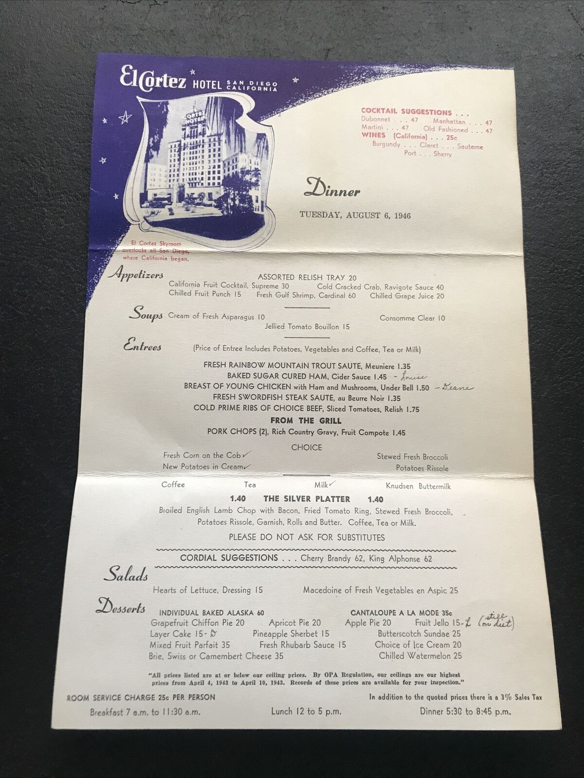 RARE 1946  EL CORTEZ HOTEL San Diego Restaurant Menu