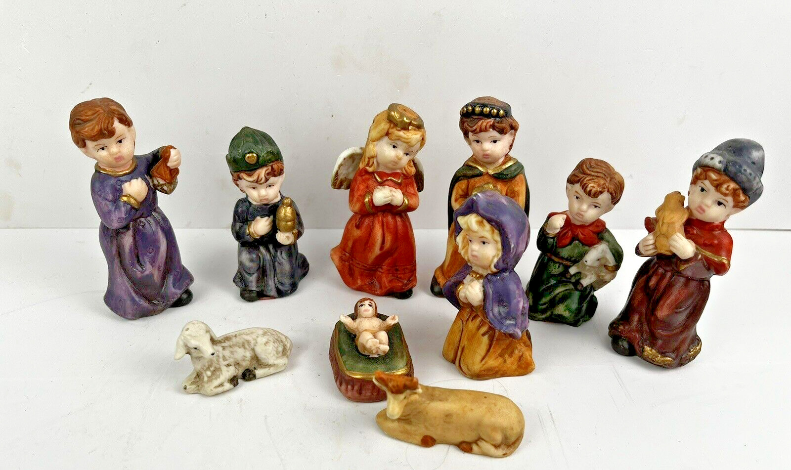 10 Pc Hand Painted Porcelain Bisque Children's Nativity Set Cute Vtg