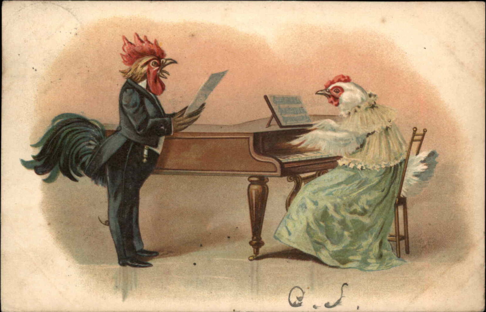 Fantasy Hen Playing Piano Rooster Opera Singer Fancy Suit c1910 Postcard
