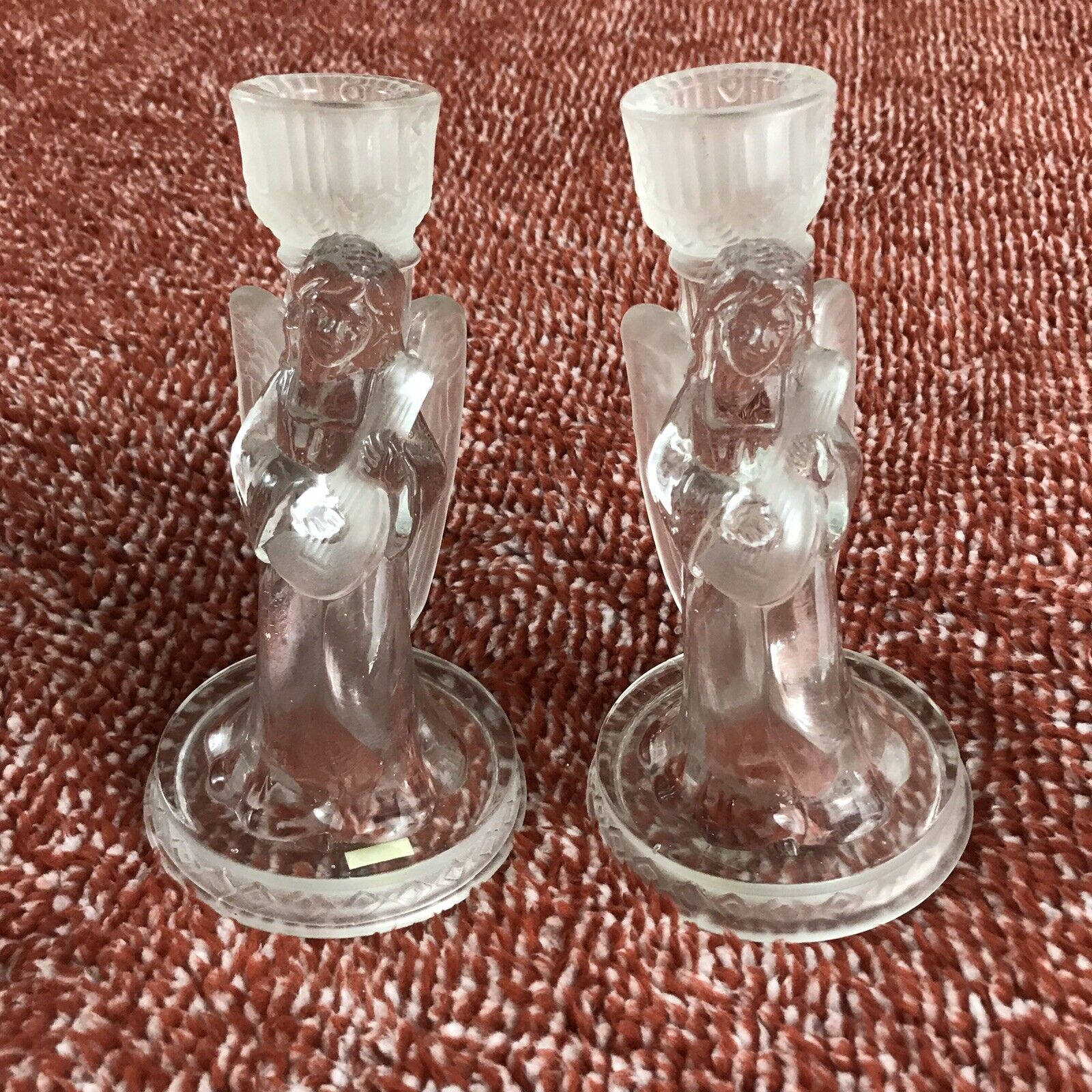 Glass Angel Candlesticks Pair Vintage Clear and Frosted Molded with Lute 6in