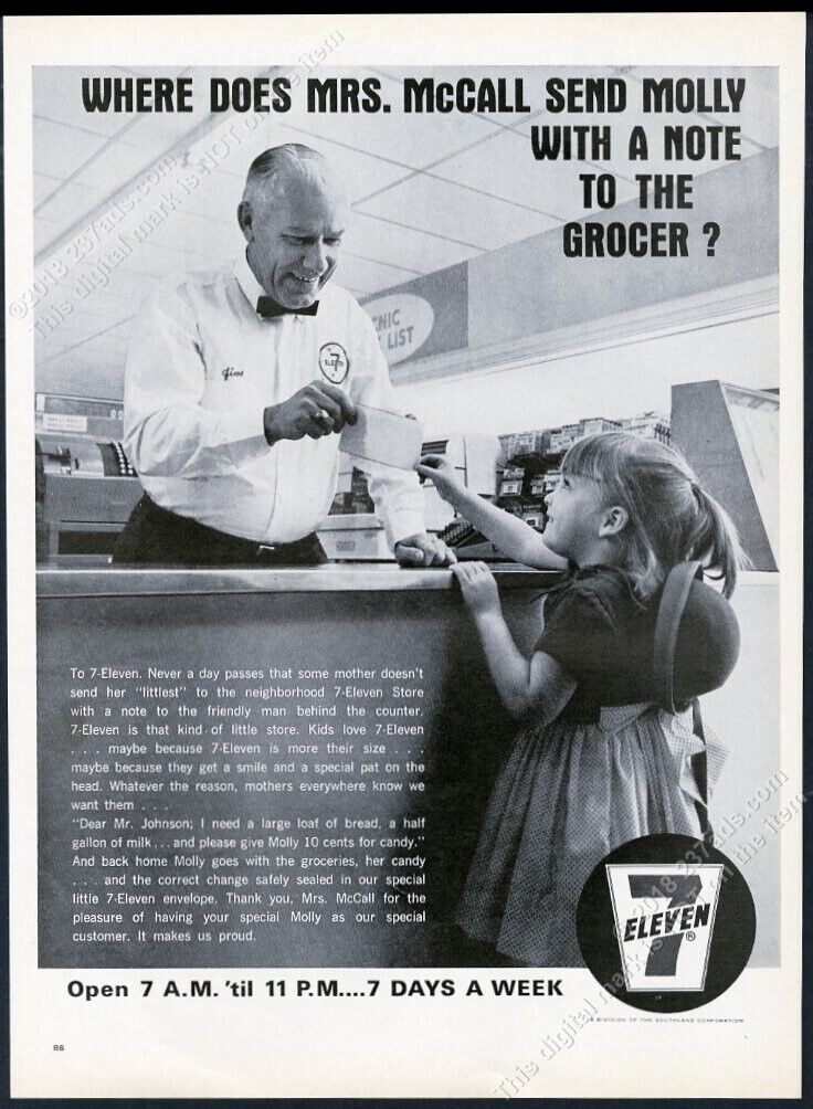 1966 7-11 7-ELeven store clerk little girl photo vintage print ad