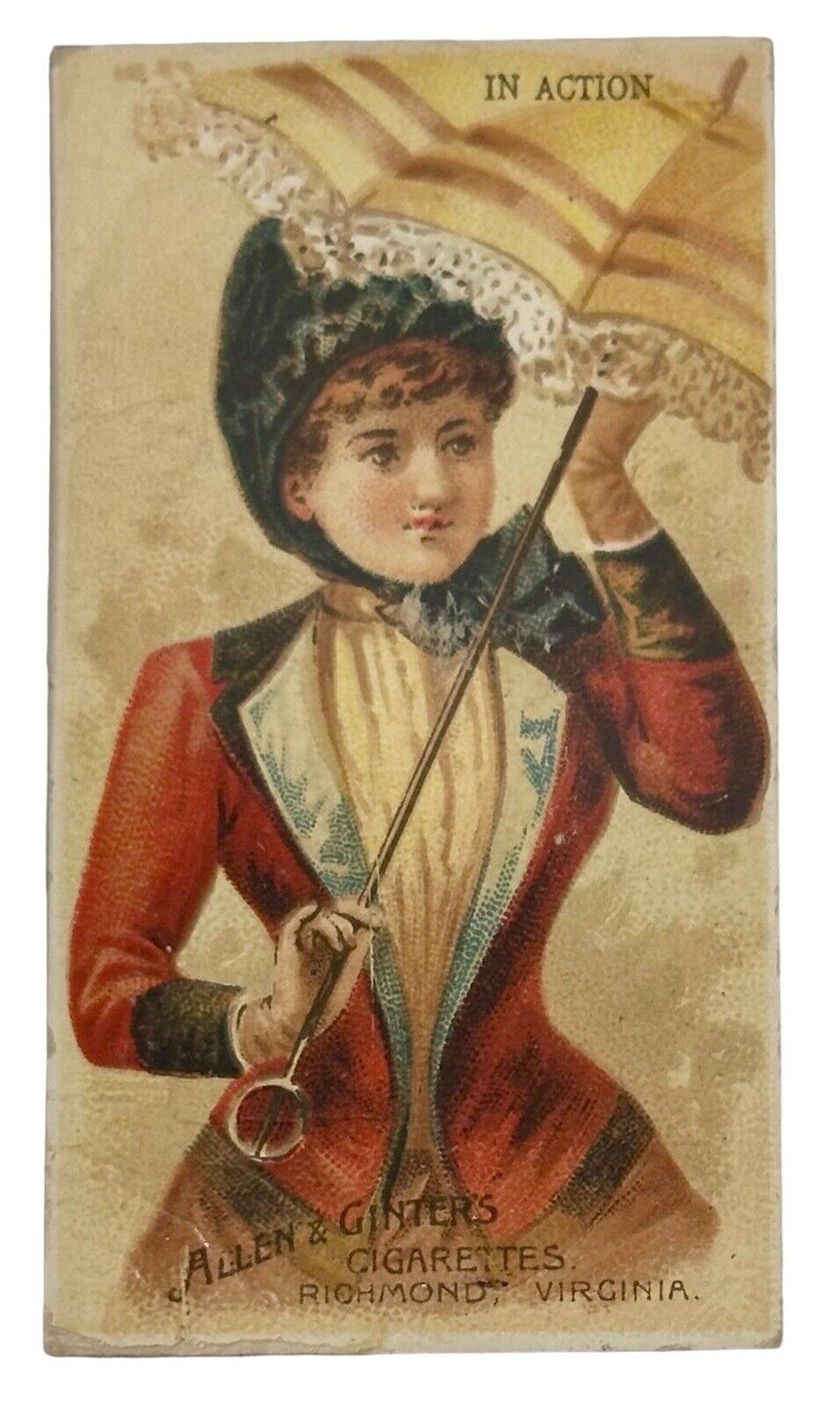 1888 N18 Allen & Ginter Parasol Drill In Action Victorian Woman Tobacco Card