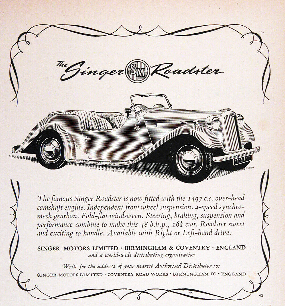 1952 SINGER ROADSTER Original Vintage Advertisement ~ VERY RARE CDN Ad