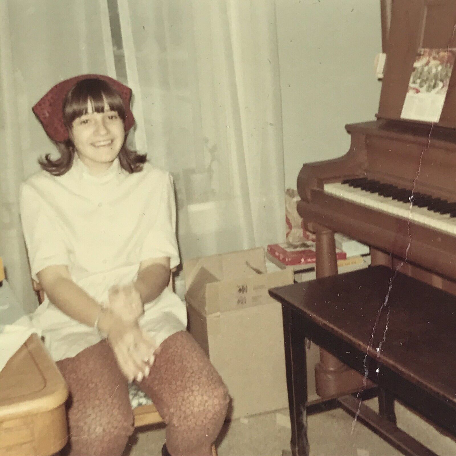 Vintage 1968 Color Photo Young Woman Bandana Hair Sitting Piano Living Room