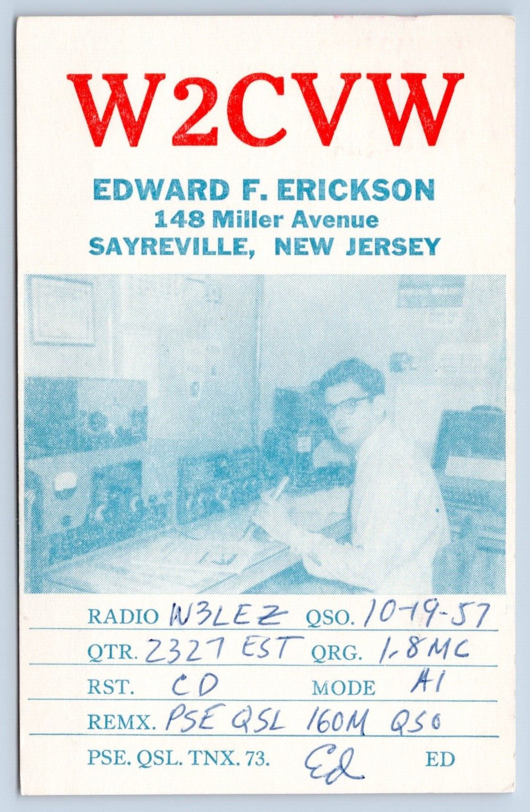 QSL CB Ham Radio W2CVW Sayreville New Jersey Vtg Middlesex County NJ 1957 Card