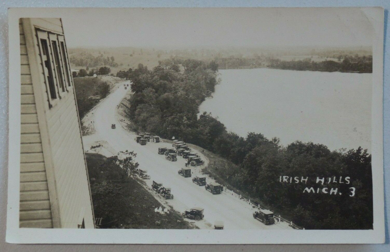 Irish Hills Tower Michigan 1920\'s Car Scene Real Photo Postcard RPPC A182