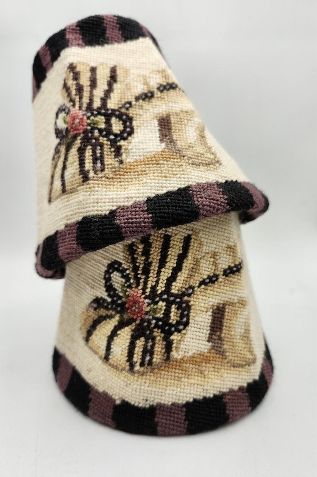 Vintage 1991 Wool Needlepoint Mini Lamp Shade Pair Victorian Shoe