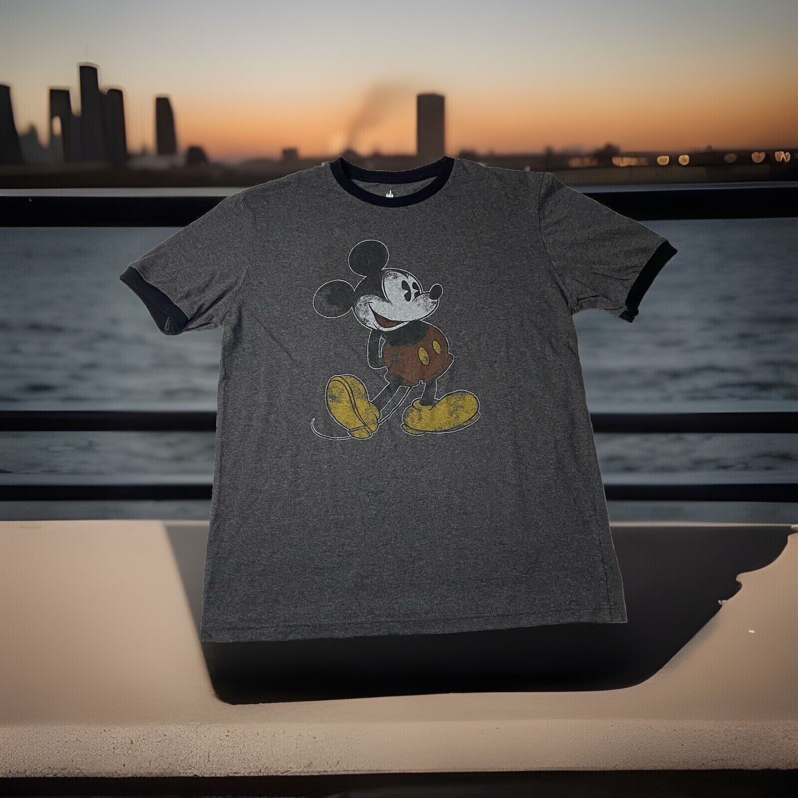Vtg Ringer Mickey Mouse T Shirt Medium Disney Parks Distressed Graphic Gray M