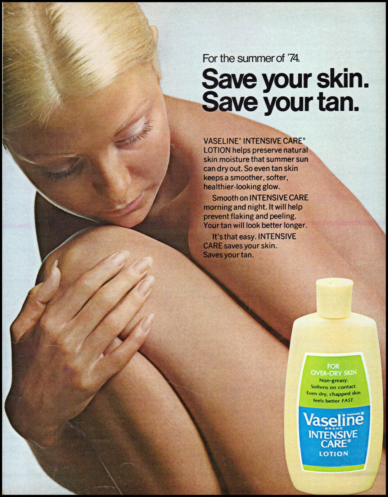 1974 Blonde Girl semi-nude Vaseline intensive lotion retro photo print ad adl81