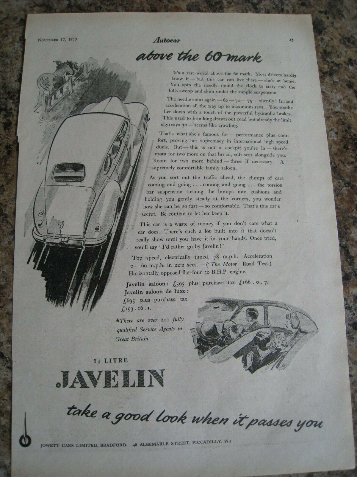 1.5 LITRE JAVELIN JOWETT CARS LTD BRADFORD 60 MARK 1950 ADVERT A4 SIZE FILE M