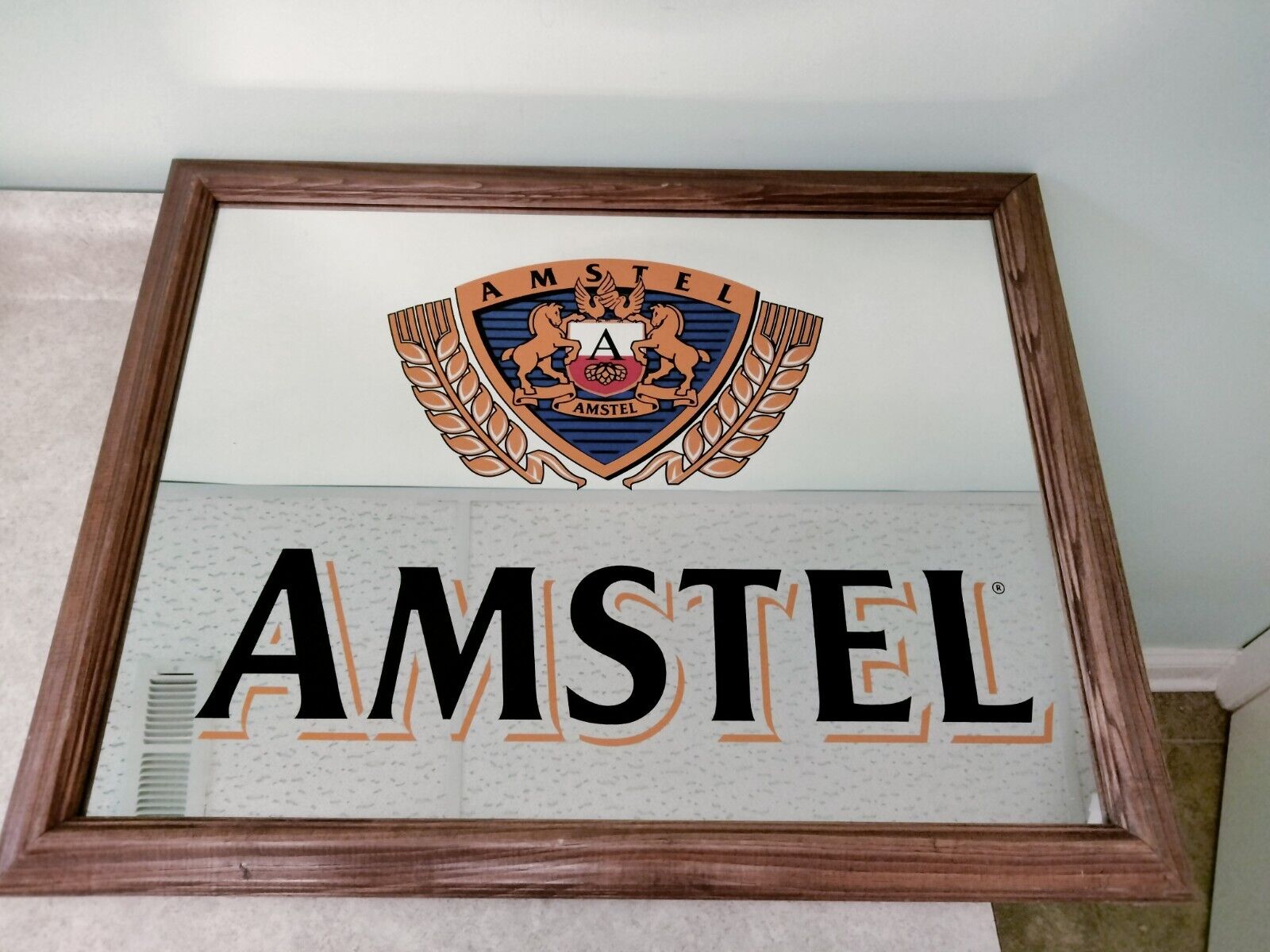 Vintage Big Amstel beer mirror wood frame man cave rare 27 x 21 bar sign
