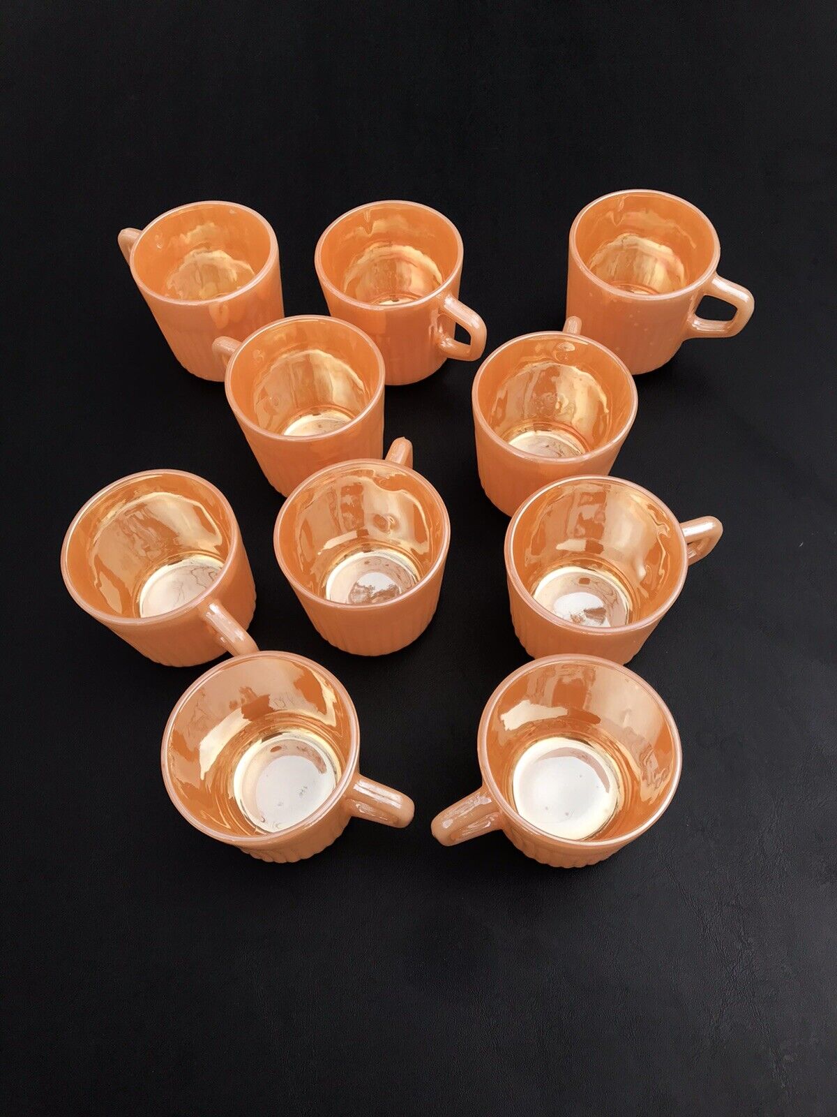 RARE VINTAGE SET TEN 10 EXTRA NICE PEACH LUSTER FIRE KING STRIPED EXSPRESSO CUPS
