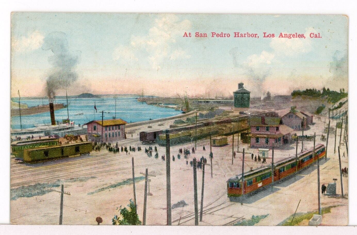 The BIG RED CARS (PE), Steamboats, Depot, Freight Yards, San Pedro Hrbr Postcard