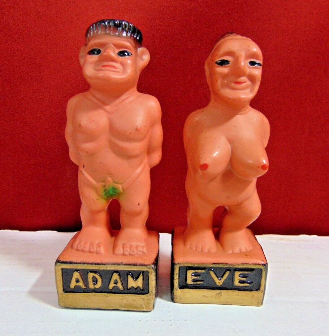 Vintage Risque Hard Plastic Adam & Eve Novelty Semi Nude Figurines Hong Kong VGC